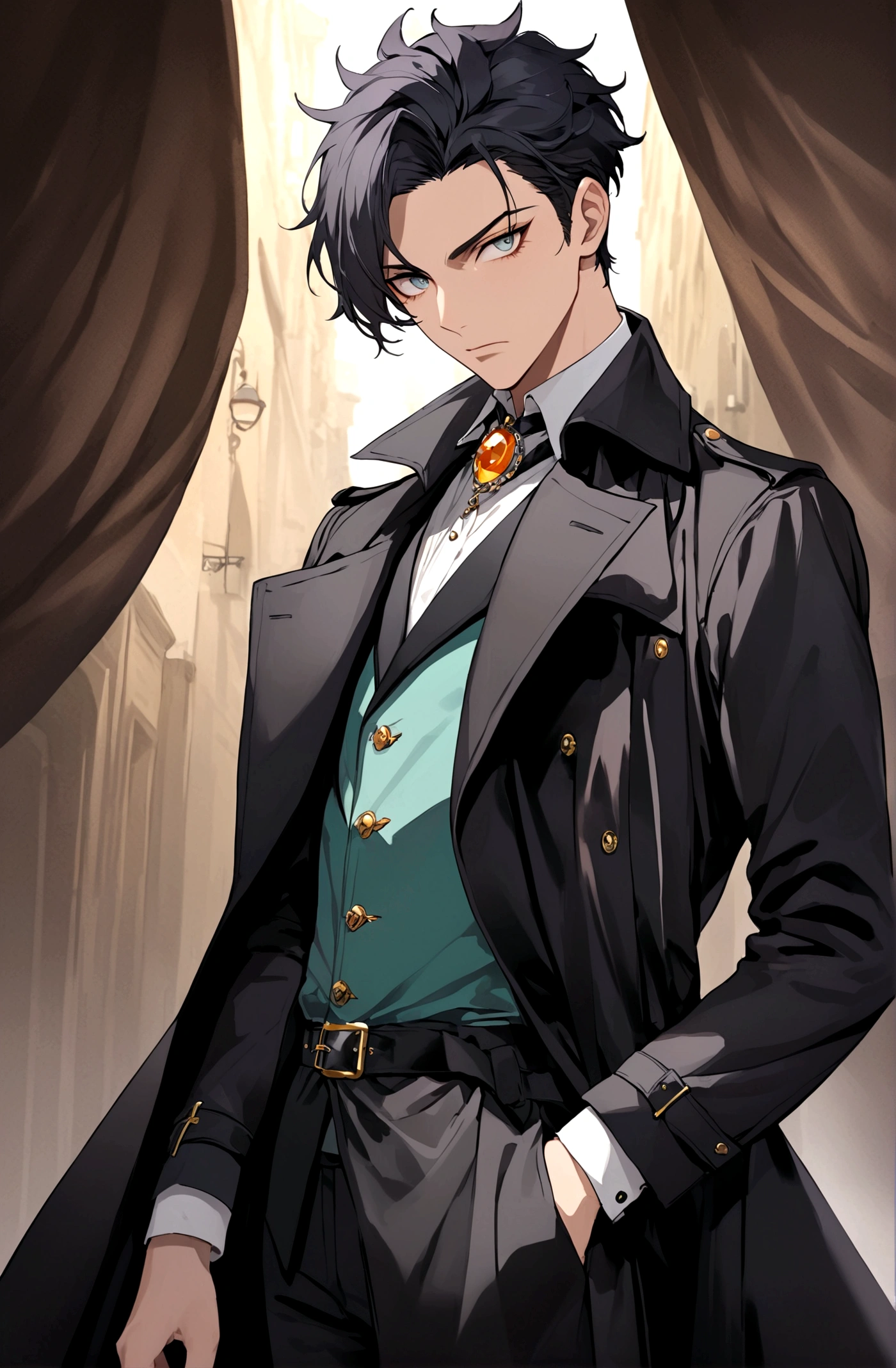 Poker face,Exquisite facial features,Young male,Black trench coat