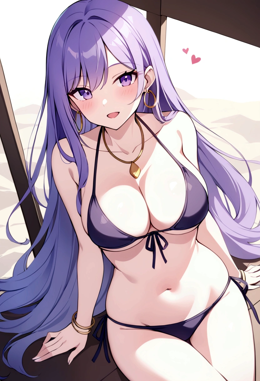 slender, mature female,jewelry, 1girl, rating:safe, breasts, long_hair, bracelet, earrings, heart, navel, bikini, swimsuit, solo, purple_eyes, smile, cleavage, bikini, looking_at_viewer, open_mouth, collarbone, purple_hair, sitting, string_bikini,  :d, large_breasts, necklace, bangle, panties, blush, arm_support, very_long_hair, bangs, medium_breasts, side-tie_bikini, halterneck, stomach, hoop_earrings, front-tie_top, 