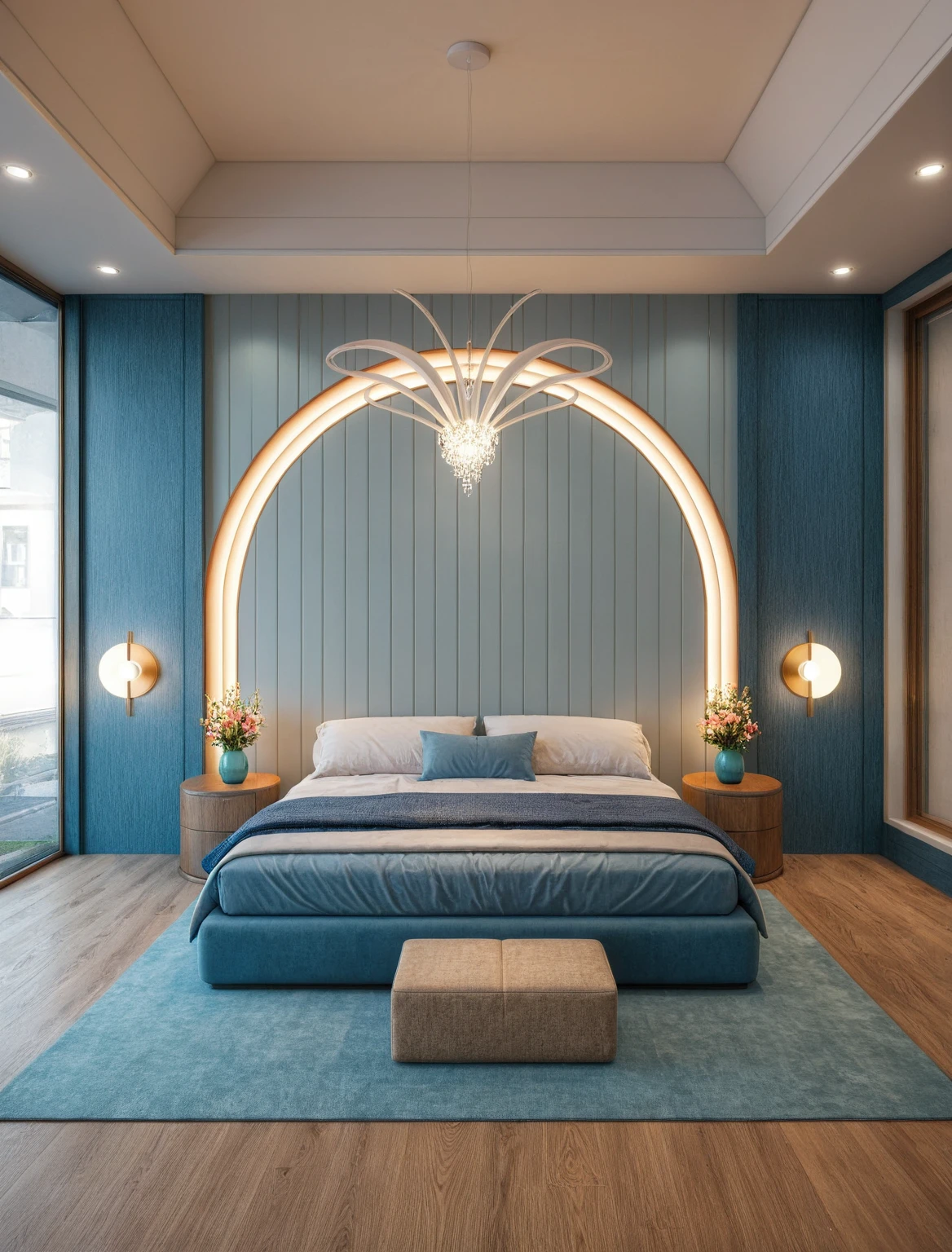 Raw photo,Masterpiece, high quality, best quality, authentic, super detail, interior, ((girl's bedroom)), ((style modern), sunset, day light, bed, carpet, curves, bedside cabinets, wood floor ,wardrobe, led, flower vase, butterfly chandelier , windows, downlight, ((blue tones))