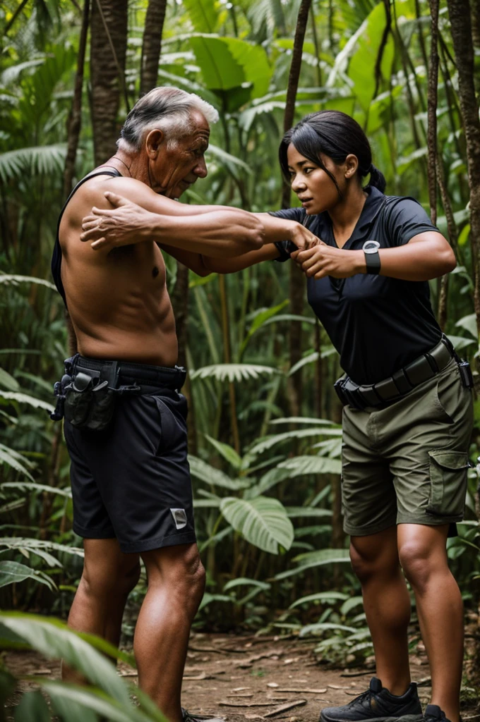 Training of an old man and a young woman training in the middle of the jungle, with teaching him to control his firepower.