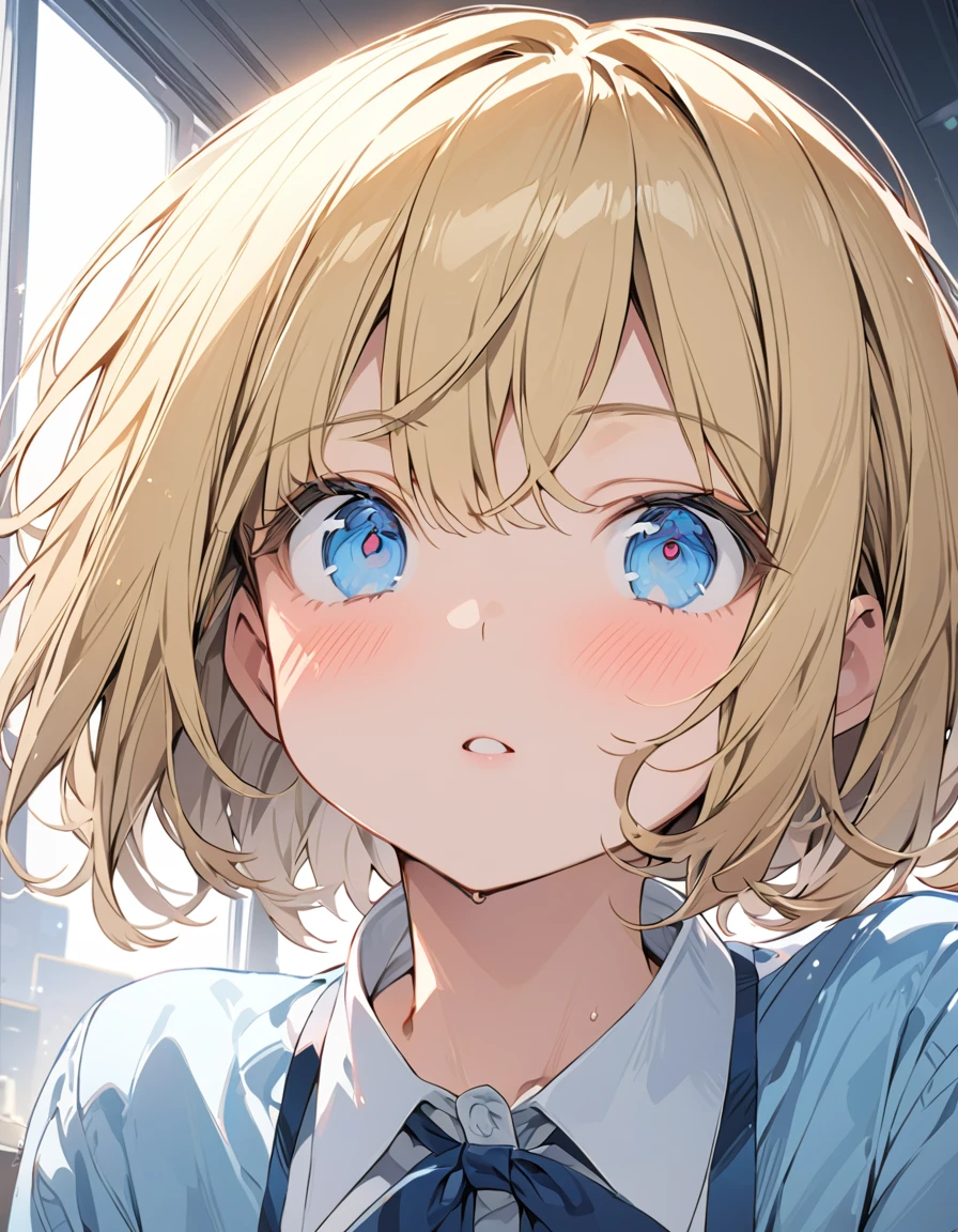 Super detailed description masterpiece blonde girl(Short Bob Hair:1.4),(blue eyes) Are you okay?