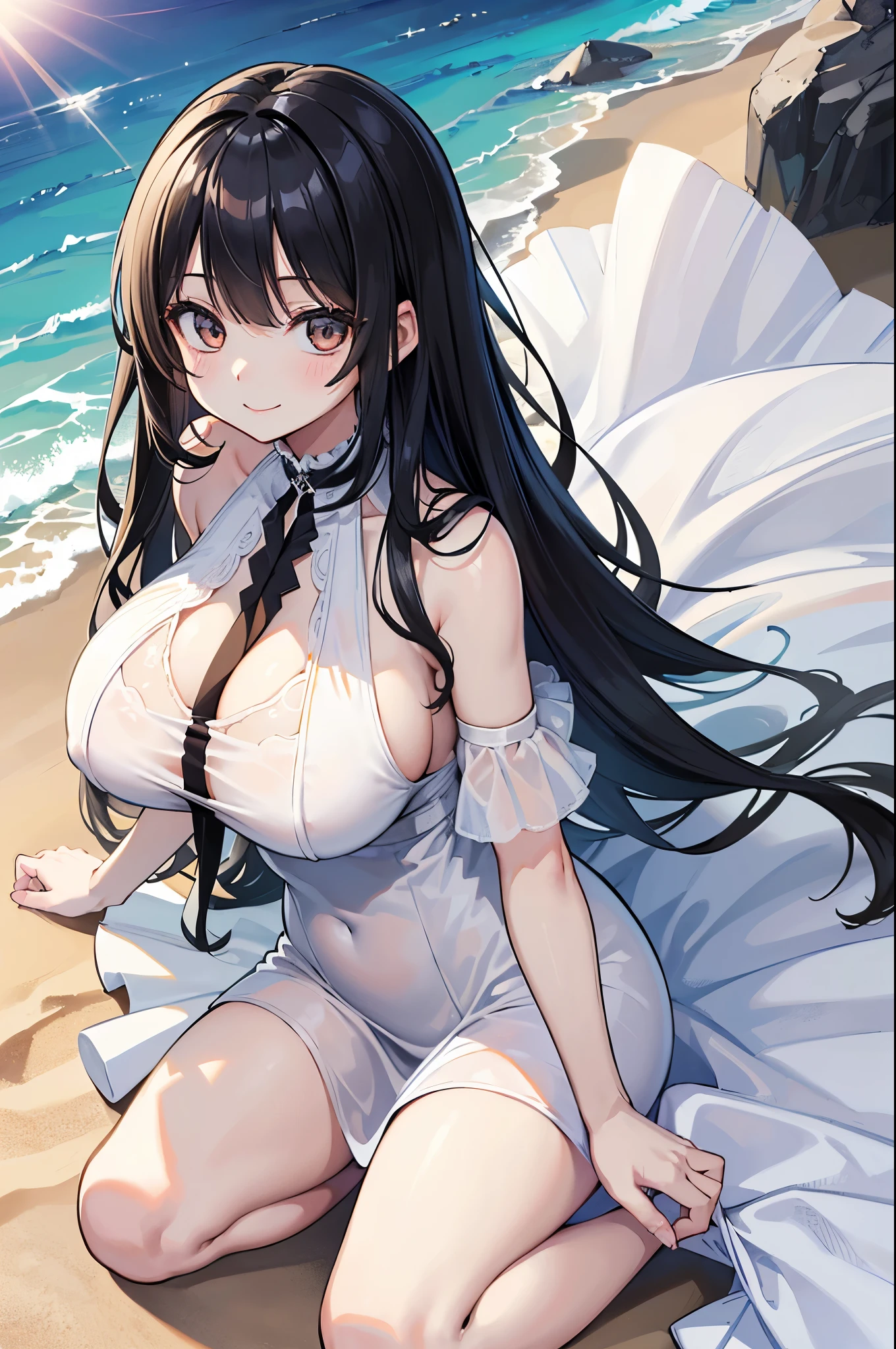 masterpiece:1.2, Highest quality), (One woman with long black hair), ((smile))、((Sandy Beach))、((Large Breasts, Large Breastsの谷間)),(((White dress)))、Healthy thighs、((A dress that becomes transparent in sunlight))