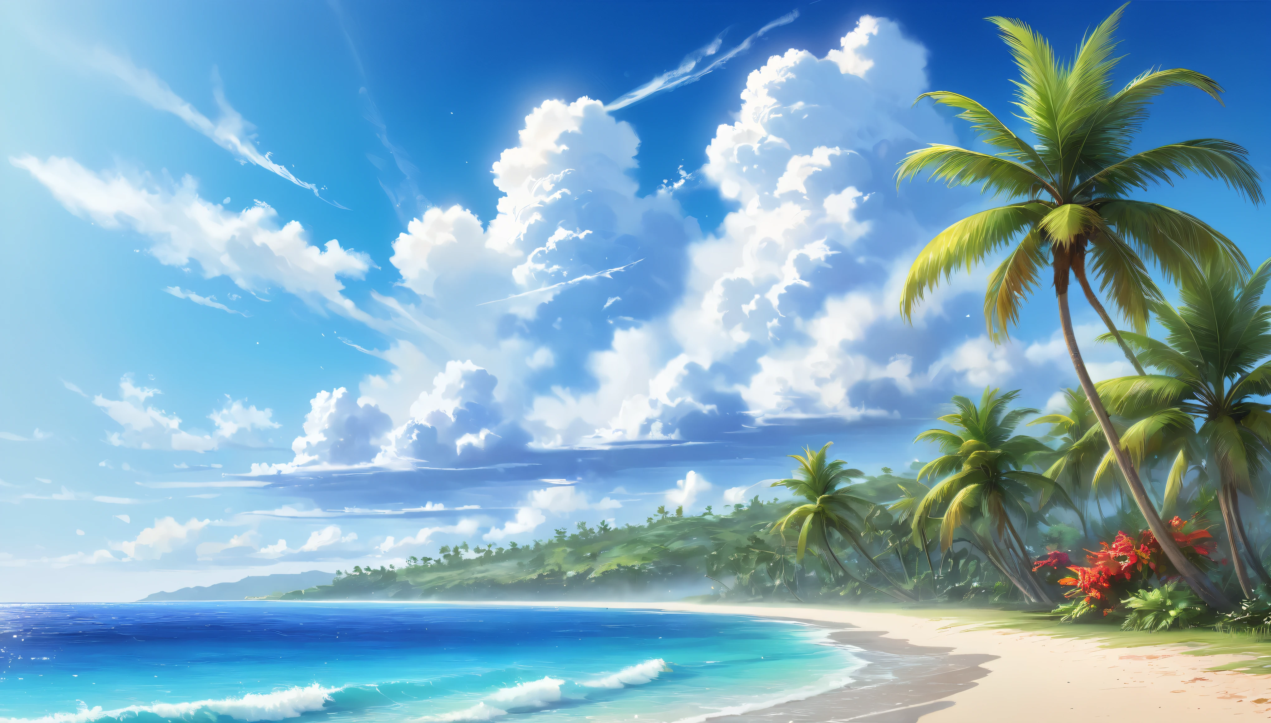 Tropical coast, A wide sea with a visible horizon,A clear sky with cumulonimbus clouds,Palm tree,Blur the background,Pleasant sea breeze,Glitter effect,Highest quality, 8K, High resolution, masterpiece:1.2, Very detailed, Realistic:1.37, High resolution, 超High resolution, Ultra-fine painting, Very detailed, Professional, Vibrant colors