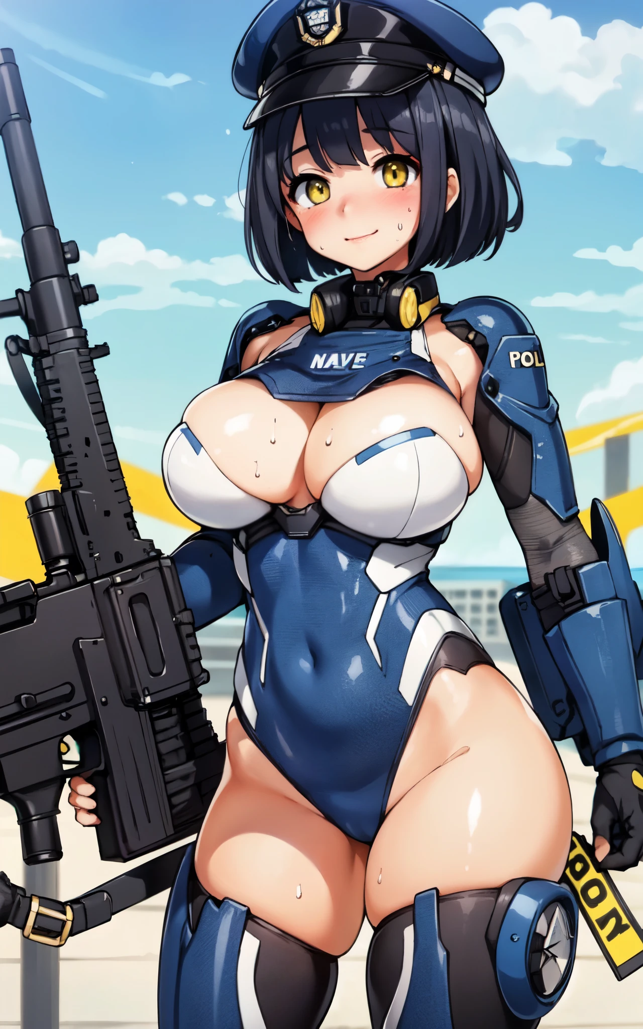  (close、16K、Highest quality、Attention to detail、Rich skin detail),Female police officer、 Huge breasts, Sweat, Outdoor, ((Browsing Caution、Navy Blue Sci-Fi Suit、Navy Blue Protector)),Cyborg Girl、Yellow Eyes、Bobcut、Police hat、Black Hair ,  ((blush))、(Wide Hips),smile、surprised、closed one eye、Wide ass、((((Embarrassing)))), city、((Holds a large assault rifle))