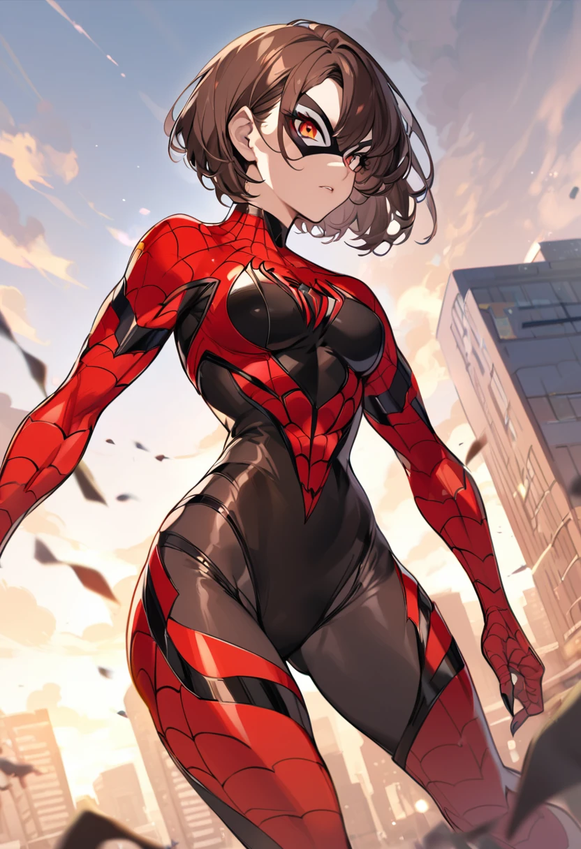 Slim female, Brown short hair, Bad ass, spider woman, black and red outfit, super hero