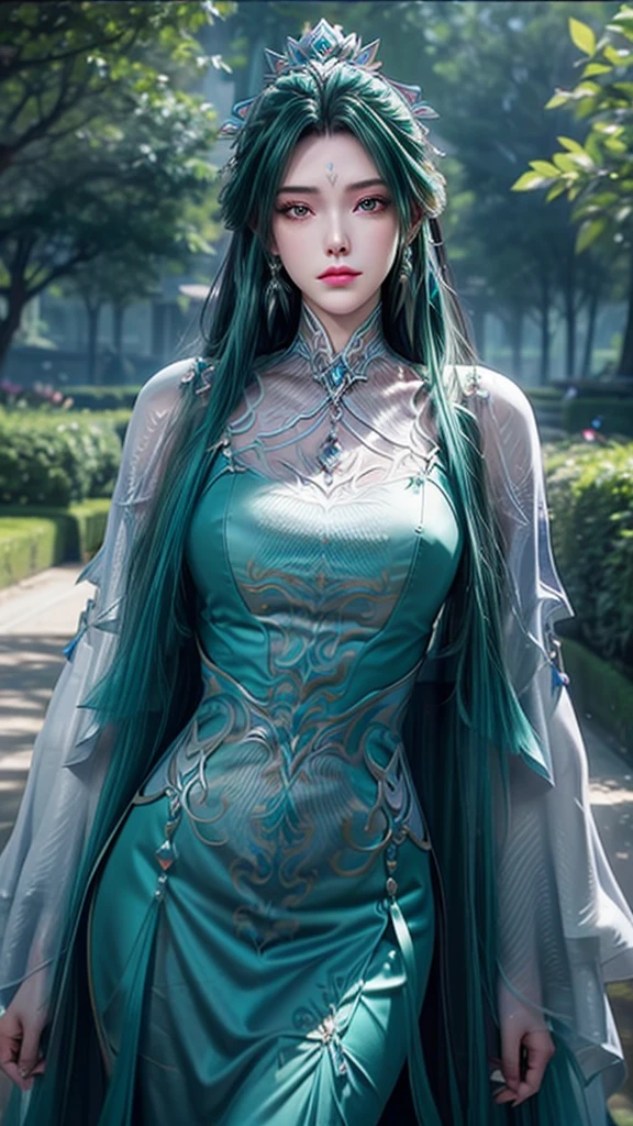 8K, masterpiece, Close-up of woman in teal dress, Perfect predecessor, Bare thighs, ((Very long hair)), Beautiful fantasy queen, ((Teal Fantasy Dress:1.5)), Beautiful fantasy girl, Fantasy art style, Popular on cgstation, Beautiful and elegant queen, Beautiful girl, Shiny skin, Complex and gorgeous anime CGI style, ((Beautiful fantasy teal queen)), Beautiful charming realistic woman, Shiny skin, In the park, Sunshine, Realistic shadows, Selfie,