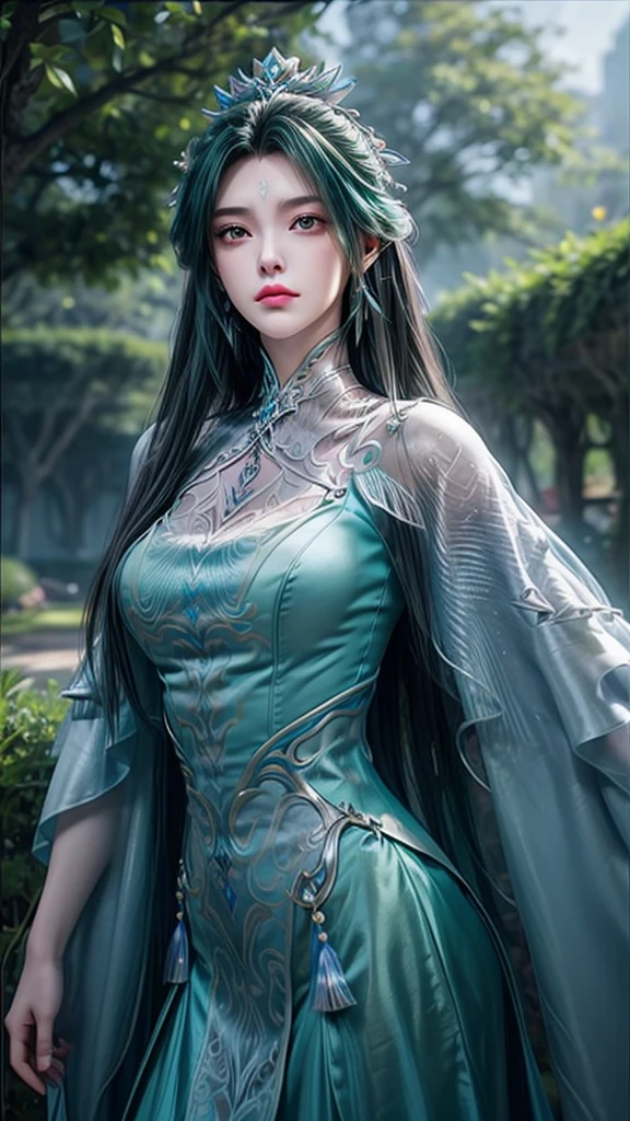 8K, masterpiece, Close-up of woman in teal dress, Perfect predecessor, Bare thighs, ((Very long hair)), Beautiful fantasy queen, ((Teal Fantasy Dress:1.5)), Beautiful fantasy girl, Fantasy art style, Popular on cgstation, Beautiful and elegant queen, Beautiful girl, Shiny skin, Complex and gorgeous anime CGI style, ((Beautiful fantasy teal queen)), Beautiful charming realistic woman, Shiny skin, In the park, Sunshine, Realistic shadows, Selfie,