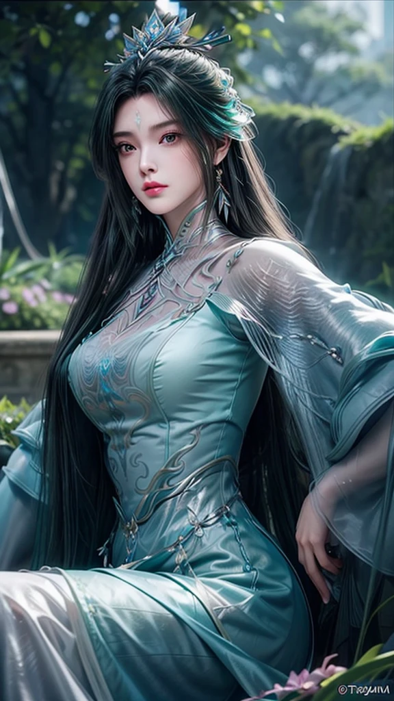 8K, masterpiece, Close-up of woman in teal dress, Perfect predecessor, Bare thighs, ((Very long hair)), Beautiful fantasy queen, ((Teal Fantasy Dress:1.5)), Beautiful fantasy girl, Fantasy art style, Popular on cgstation, Beautiful and elegant queen, Beautiful girl, Shiny skin, Complex and gorgeous anime CGI style, ((Beautiful fantasy teal queen)), Beautiful charming realistic woman, Shiny skin, In the park, Sunshine, Realistic shadows, Selfie,