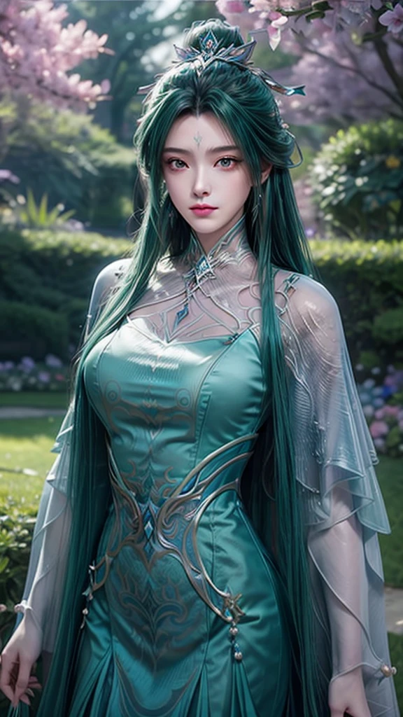 8K, masterpiece, Close-up of woman in teal dress, Perfect predecessor, Bare thighs, ((Very long hair)), Beautiful fantasy queen, ((Teal Fantasy Dress:1.5)), Beautiful fantasy girl, Fantasy art style, Popular on cgstation, Beautiful and elegant queen, Beautiful girl, Shiny skin, Complex and gorgeous anime CGI style, ((Beautiful fantasy teal queen)), Beautiful charming realistic woman, Shiny skin, In the park, Sunshine, Realistic shadows, Selfie,