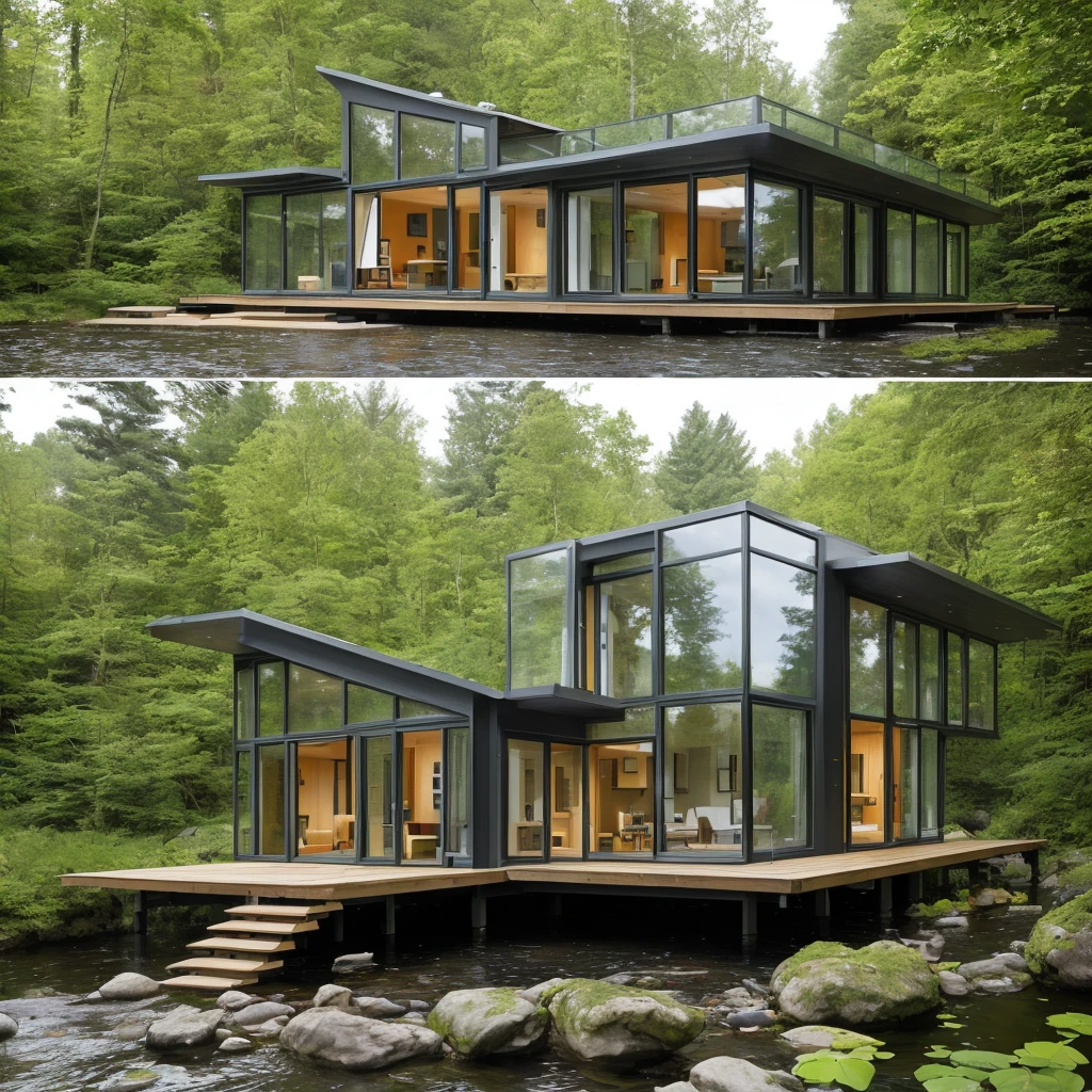 Exterior image of a tiny house duplex house in a Scandinavian nature, standing wood panel, avantgarde, panorama glass windows, forests, waterfall inside atrium, rocks, natural pond of water, inspired bu architect Zaha Hadid