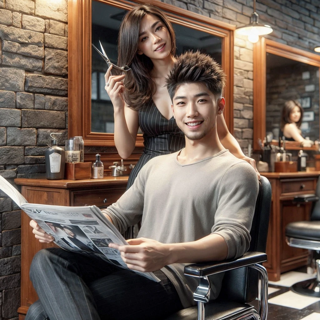hyper realistic of a cozy barbershop with walls made of stone, 25 year old Asian man with short and spiky hair is sitting on a chair in front of the mirror, wearing class and reading the newspaper and smiling, while Edward the Scissorhand stood behind him smiling and holding a large Cissorhand with both hands.