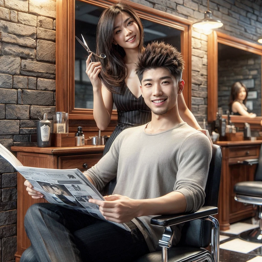 hyper realistic of a cozy barbershop with walls made of stone, 25 year old Asian man with short and spiky hair is sitting on a chair in front of the mirror, wearing class and reading the newspaper and smiling, while Edward the Scissorhand stood behind him smiling and holding a large Cissorhand with both hands.