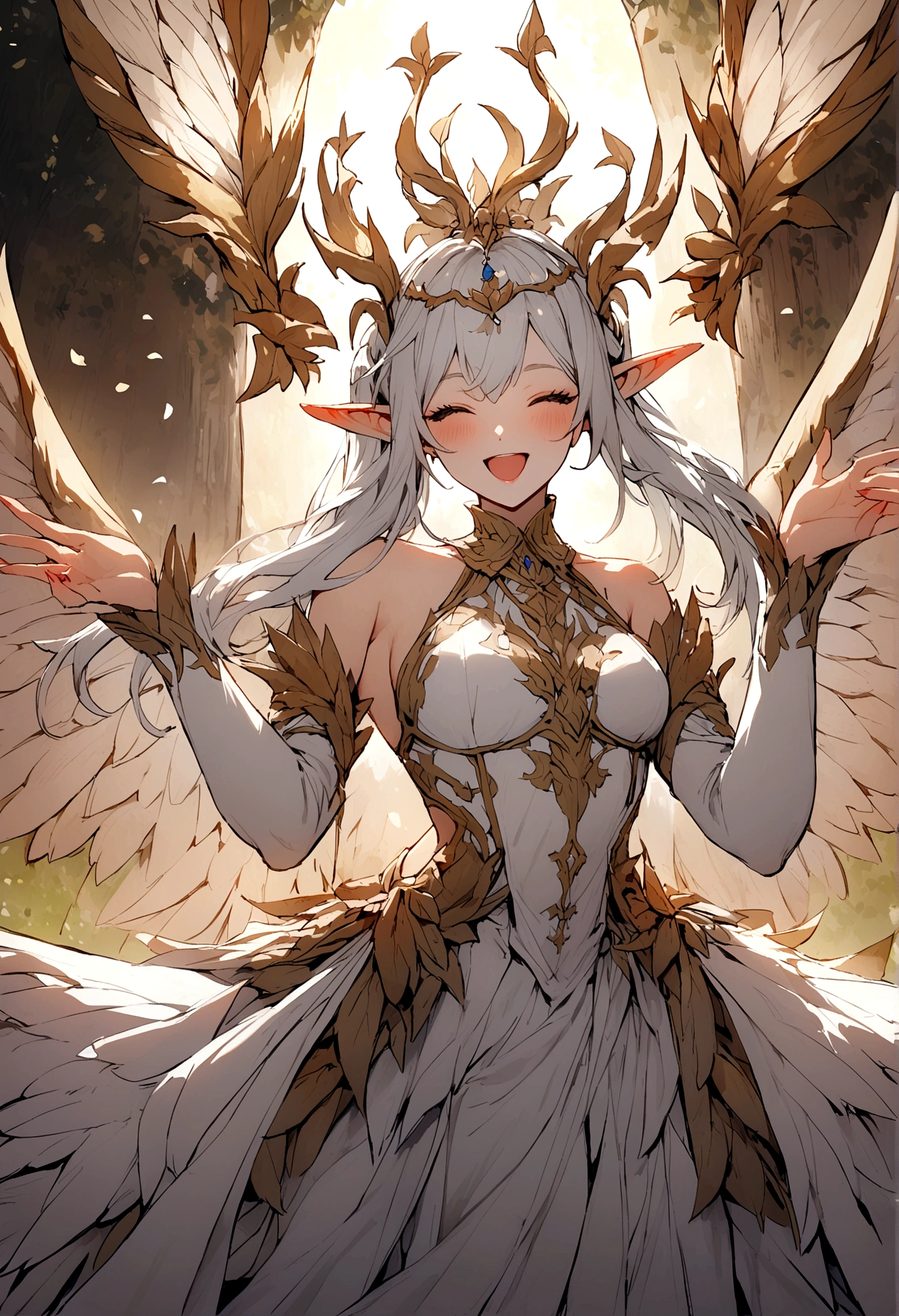 White clothes,wing, Highly detailed, Floral clothes,Elf Girl, Female magician