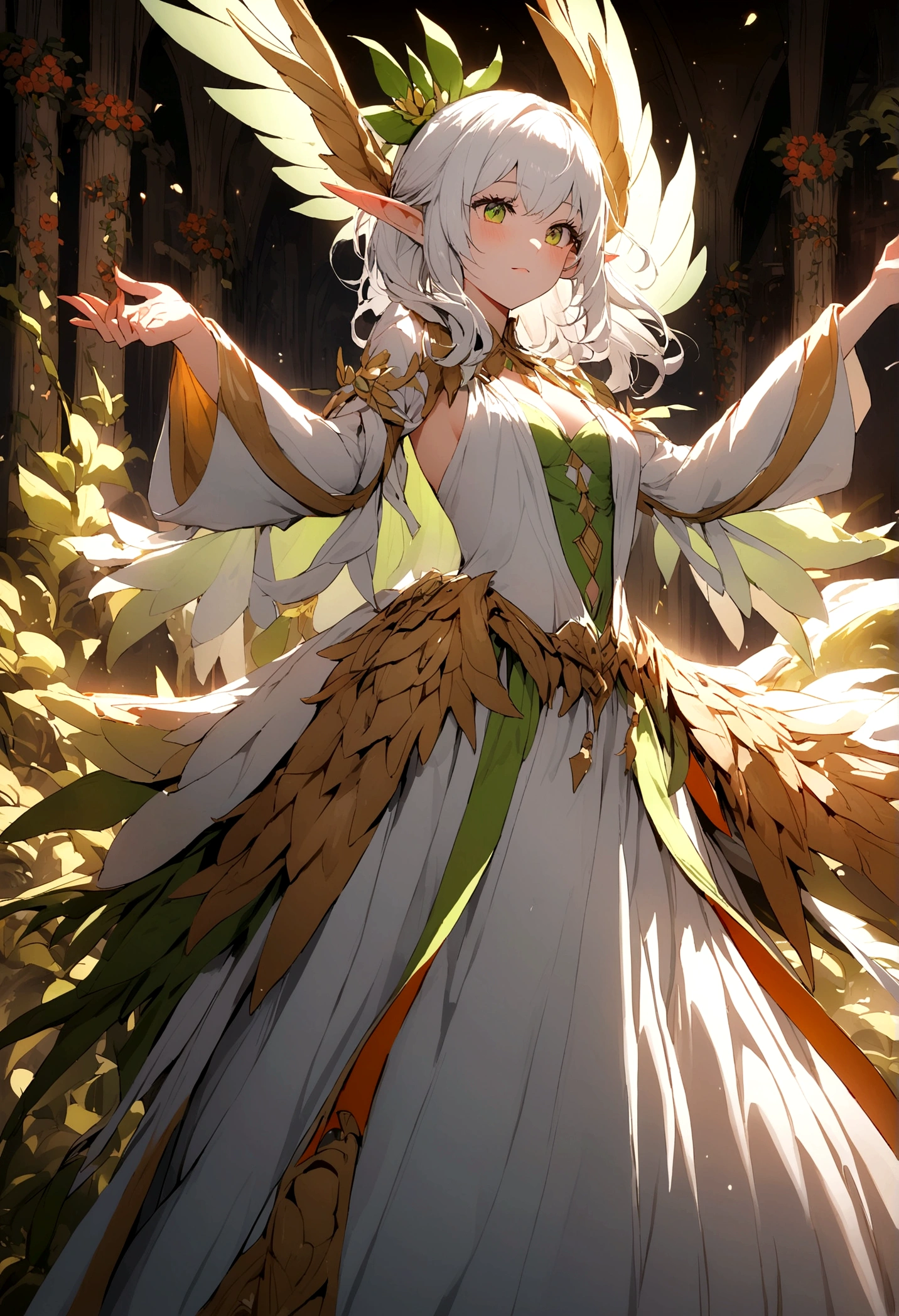 White clothes,wing, Highly detailed, Floral clothes,Elf Girl, Female magician