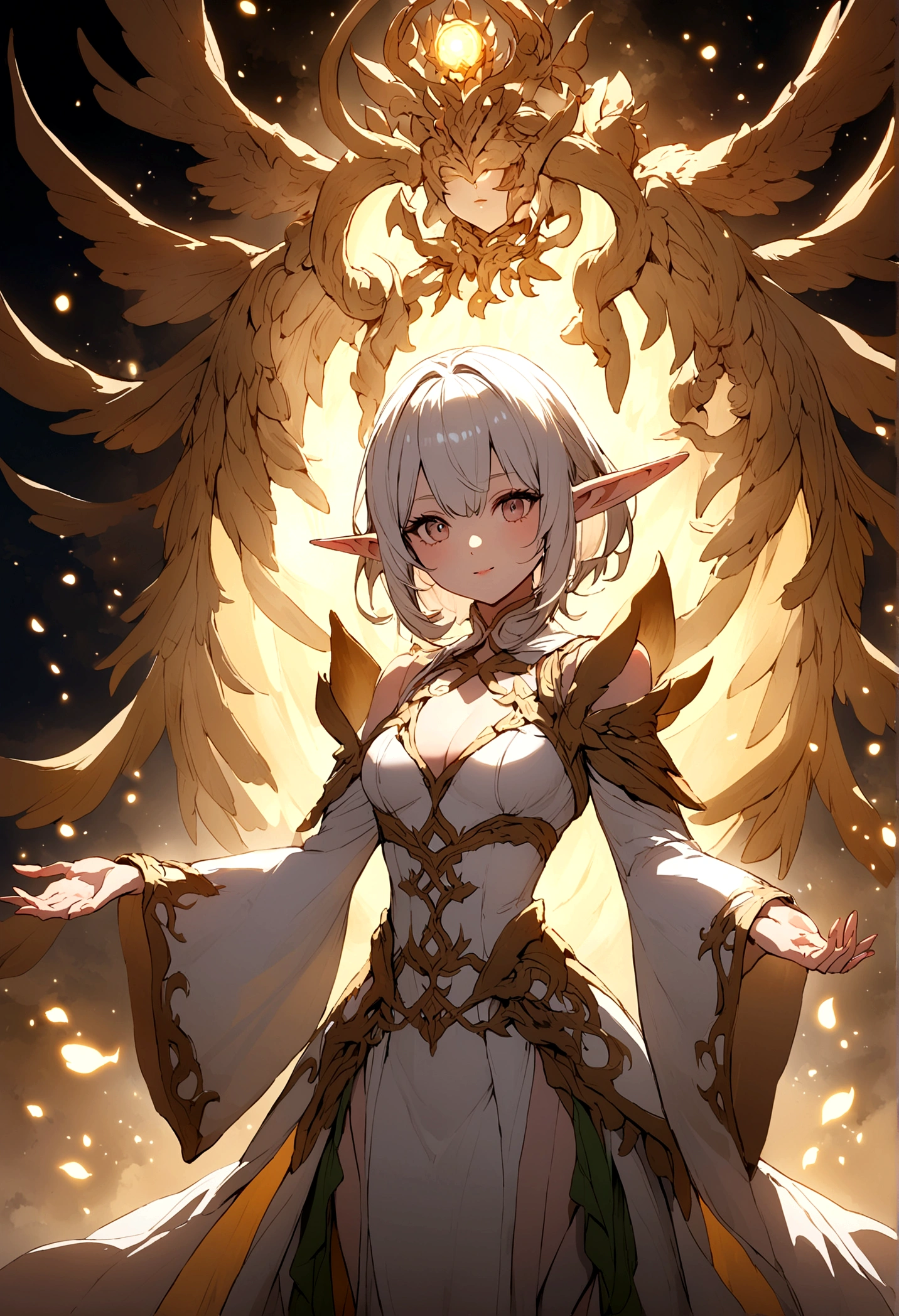 White clothes，wing, Highly detailed, Floral clothes，Elf Girl, Female magician