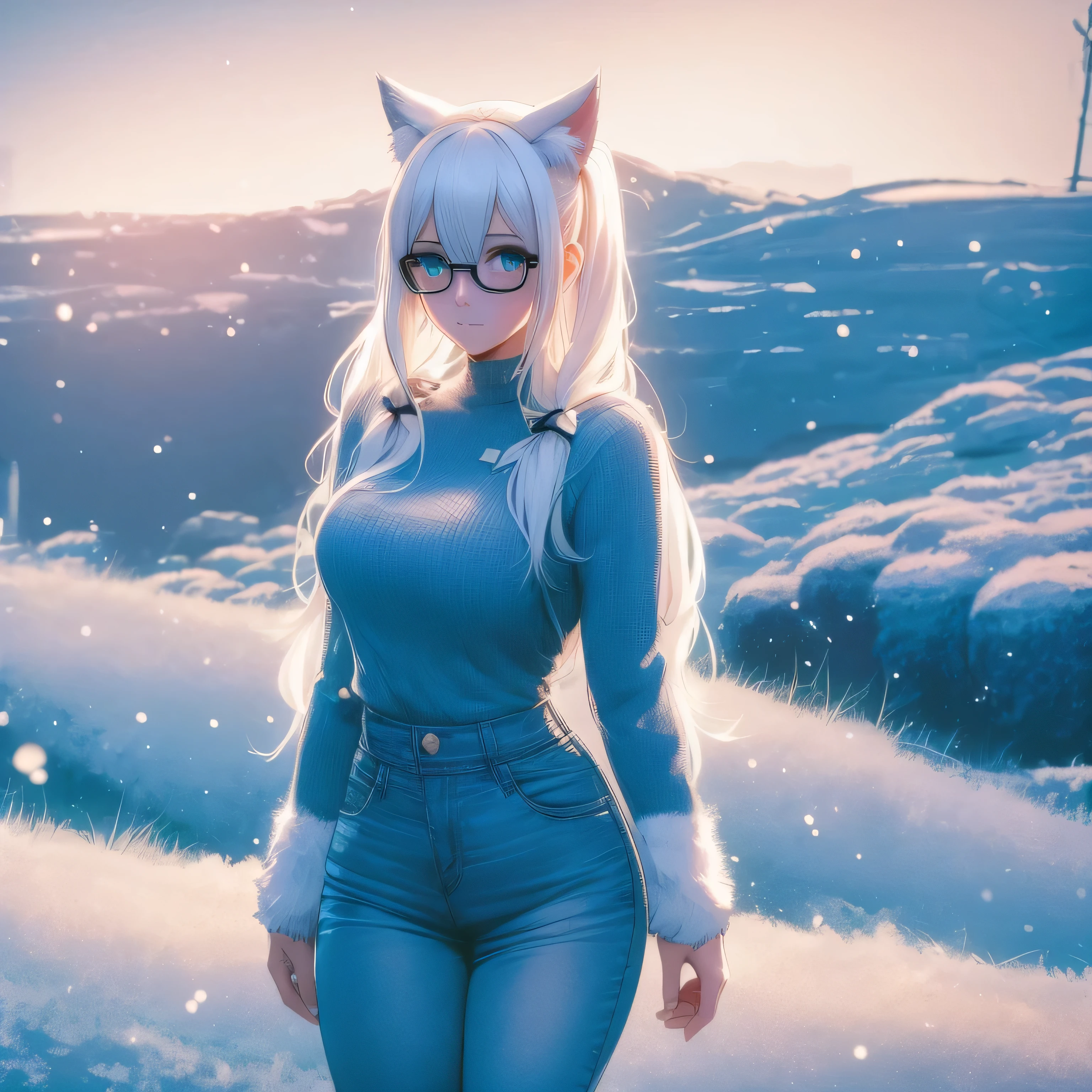 adult anime girl, white hair pigtails, black ribbons, blushing, blue eyes, white cat ears, 8k, high res, 1 girl, good lighting, fine detail, fur jacket and blue jeans, glasses, (masterpiece), perfect face, best quality, looking at view, snowing, full body thick
