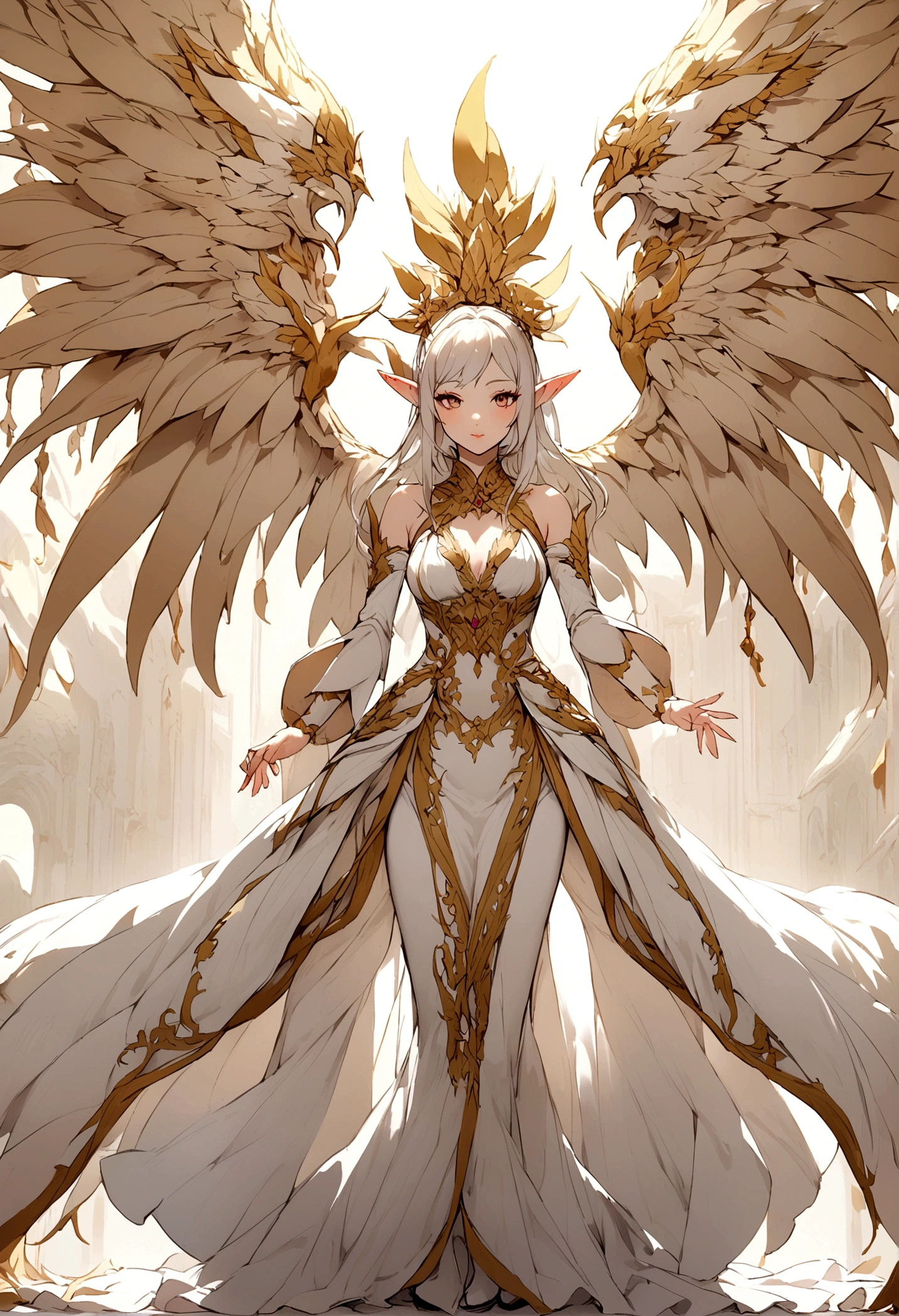 White clothes,wing, Highly detailed, Floral clothes,Elf Girl, Female magician