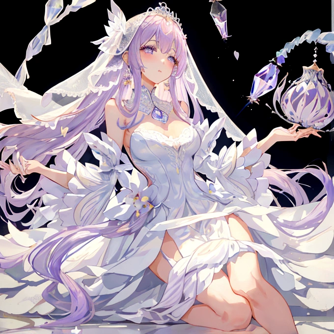 Light lilac fluffy and sparse long hair,Liquid crystal class,The wedding dress is as clear as a tassel,Very nice and beautiful young lady,Wedding dress,There is a looming hazy beauty