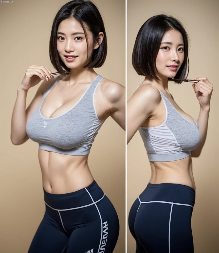 Highly detailed CG Unity 8k wallpaper, of the highest quality, masutepiece, Realistic, photographrealistic, Highly detailed beautiful woman, 42 year old,((Bery short hair))、(((Large breasts)))、cleavage , (get sweaty) ,  Round eyes,  ((You can see the shape of the nipple through the clothes))、Realistic female hands、viewer,  blush, Smile, ((Tall pretty woman))、Parted lips, full body photographed ,  Tank top ,  Lewd sportswear ,((Muscle training))、 squatt, (((Thin sportswear)))、sports gym、erect through、Muchimuchi、backstyle、whole body、Turn around、Stick your ass out