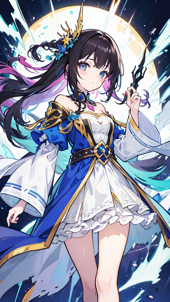fantasy world girl with colorful hair, accessories, detailed clothes, dark hair