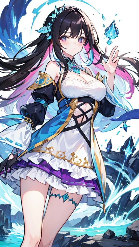 fantasy world girl with colorful hair, accessories, detailed clothes, dark hair