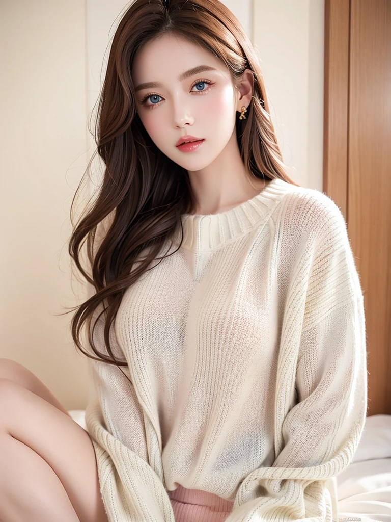 (masterpiece, Highest quality:1.2),alone,The eyes are exquisite and delicate,Exquisite hair color,( Wear a sexy sweater:1.2),Pastel Tones,Pink Lips,blue eyes,Big Breasts