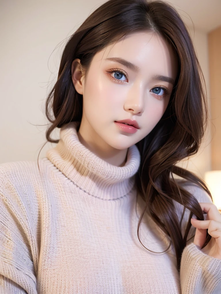 (masterpiece, Highest quality:1.2),alone,The eyes are exquisite and delicate,Exquisite hair color,( Wear a sexy sweater:1.2),Pastel Tones,Pink Lips,blue eyes,Big Breasts