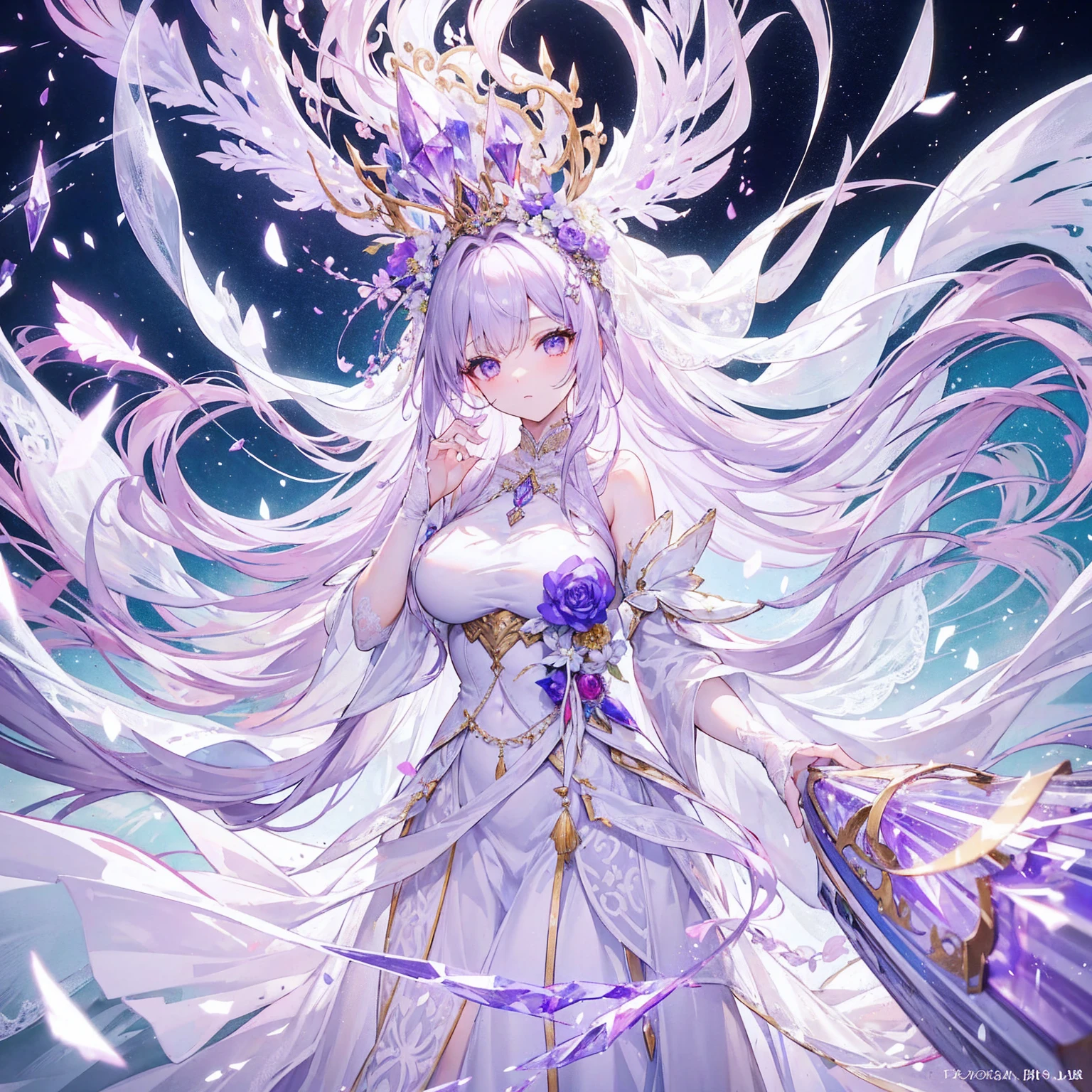 Light lilac fluffy and sparse long hair，Liquid crystal class，The wedding dress is as clear as a tassel，Very nice and beautiful young lady，Wedding dress，There is a looming hazy beauty