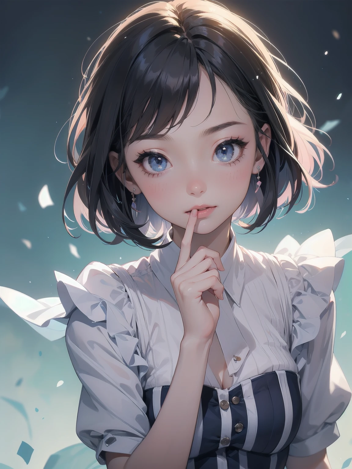A five-year-old kawaii girl with a bob cut and rosy blush adorns her cheeks, sporting a pink kindergarten uniform adorned with large vertical dark blue stripes. The camera, directed by the masterful Spielberg, captures her dynamic pose from an unconventional angle, as if frozen in time. Audrey Hepburn's guidance imbues the subject with innocent charm, as she gazes directly at the viewer with an air of playful mischief