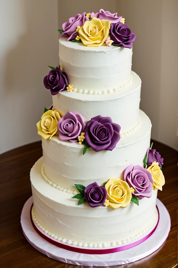 Wedding cake with yellow, pink, and purple gum paste rose flowers
