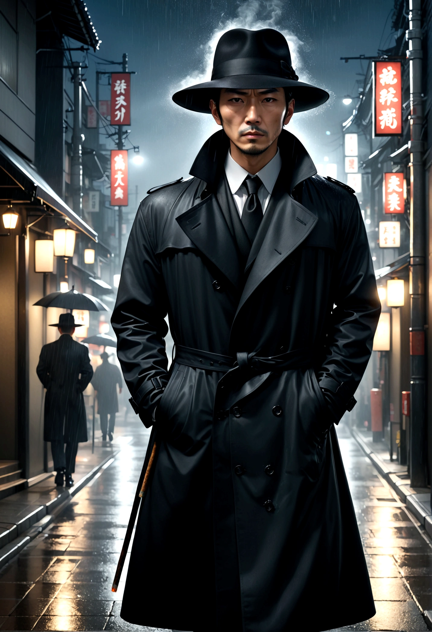 a yakuza member in a black trench coat, black felt wide rim hat, holding a lit cigarette, grim dark expression, walking on the sidewalk on a dreary tokyo night, light rain, street lamps, 4k, 8k, highres, masterpiece, realistic, photorealistic, photo-realistic, HDR, UHD, studio lighting, ultra-fine painting, sharp focus, physically-based rendering, extreme detail description, professional, vivid colors, bokeh, chiaroscuro, moody, atmospheric, cinematic, dramatic lighting