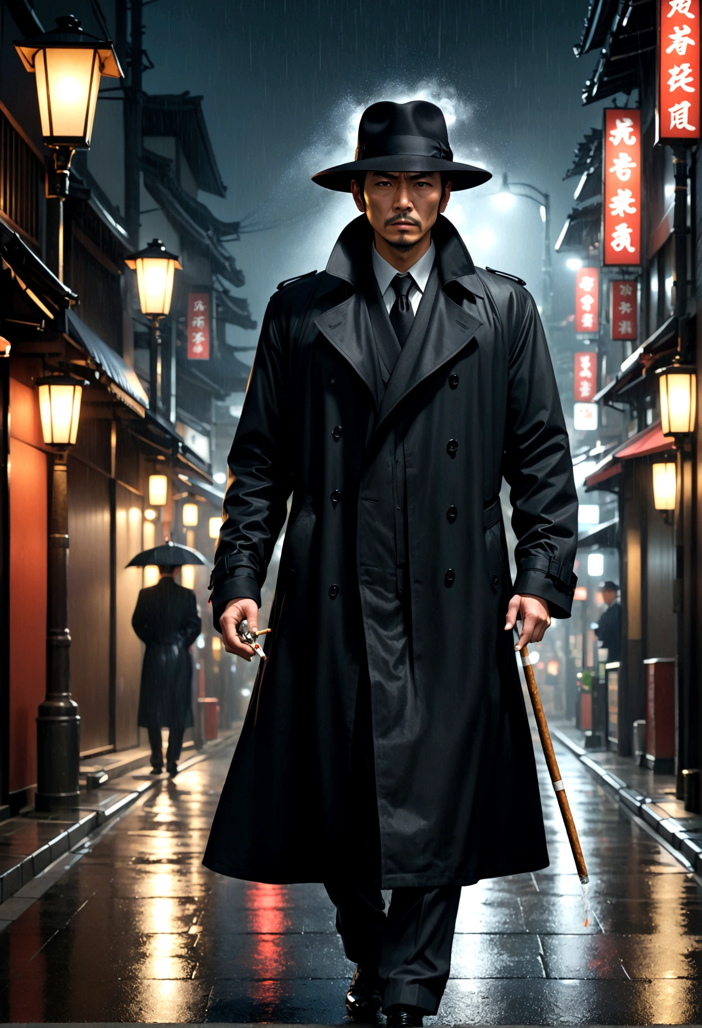 a yakuza member in a black trench coat, black felt wide rim hat, holding a lit cigarette, grim dark expression, walking on the sidewalk on a dreary tokyo night, light rain, street lamps, 4k, 8k, highres, masterpiece, realistic, photorealistic, photo-realistic, HDR, UHD, studio lighting, ultra-fine painting, sharp focus, physically-based rendering, extreme detail description, professional, vivid colors, bokeh, chiaroscuro, moody, atmospheric, cinematic, dramatic lighting