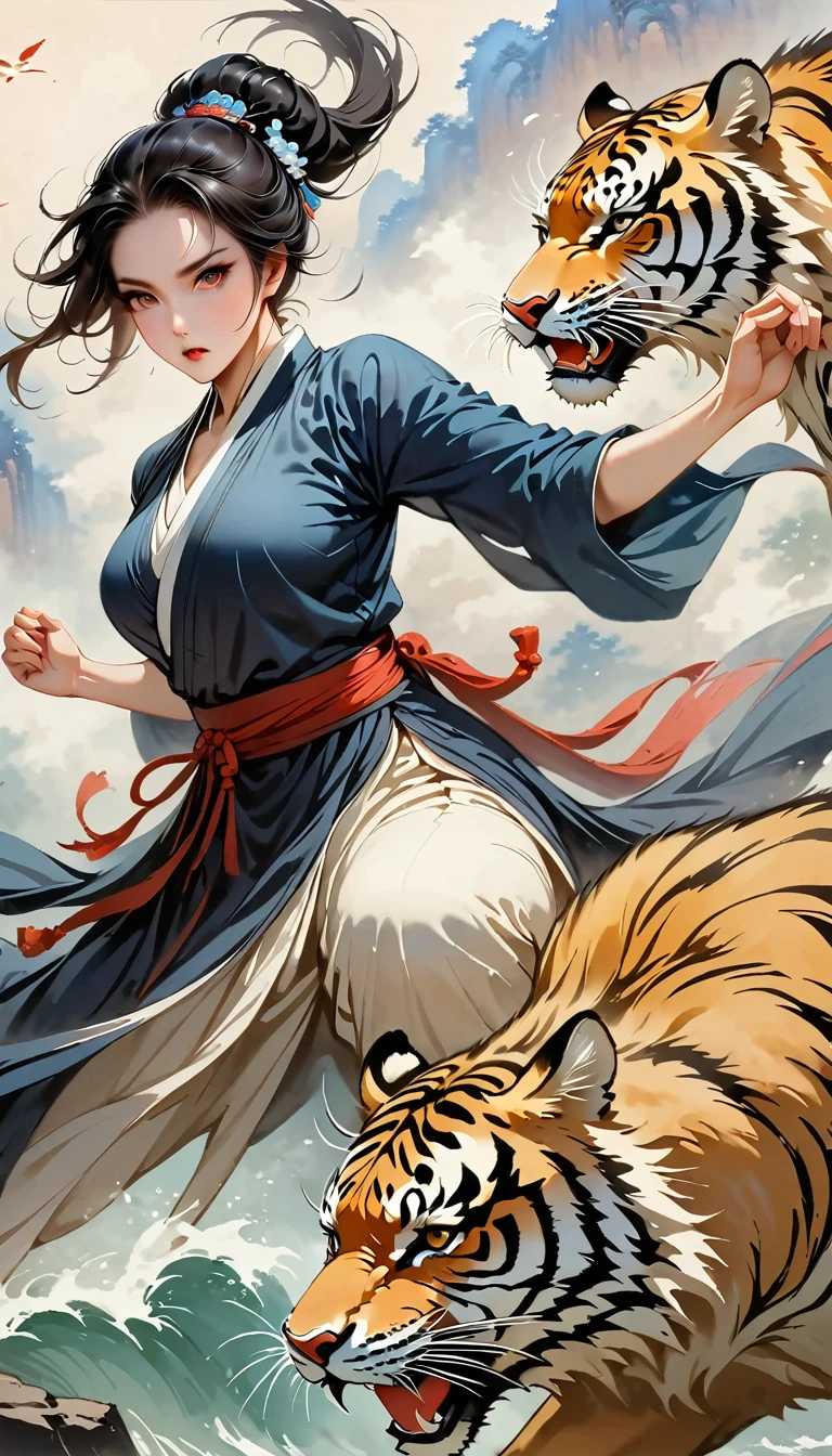 (masterpiece, best quality:1.2),Martial Arts风格,Chinese comics,Martial Arts,Attack,Staring at the audience,1 girl,Black Hanfu,red waistband,floating long dress,tiger,ink:1.37