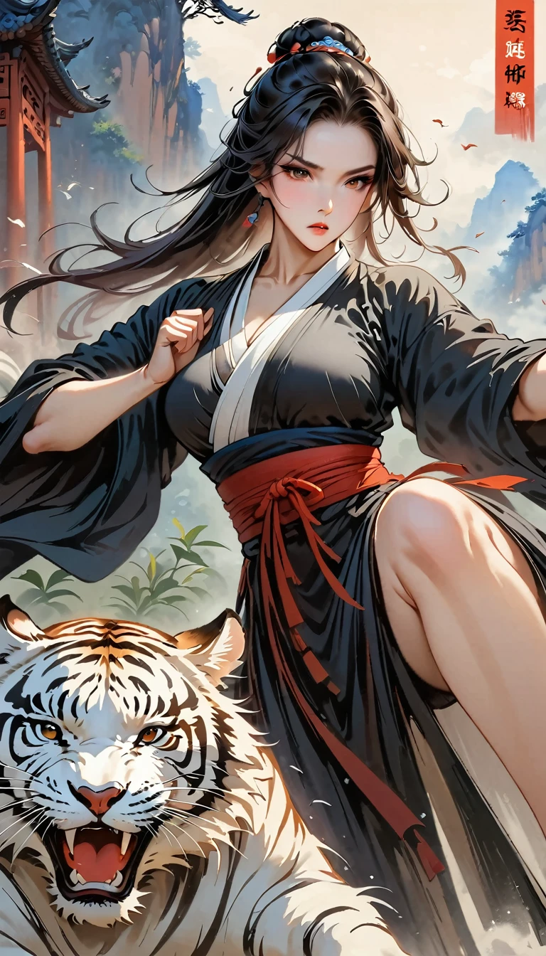 (masterpiece, best quality:1.2),Martial Arts风格,Chinese comics,Martial Arts,Attack,Staring at the audience,1 girl,Black Hanfu,red waistband,floating long dress,tiger,ink:1.37