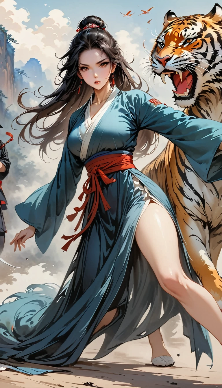 (masterpiece, best quality:1.2),Martial Arts风格,Chinese comics,Martial Arts,Attack,Staring at the audience,1 girl,Black Hanfu,red waistband,floating long dress,tiger,ink:1.37