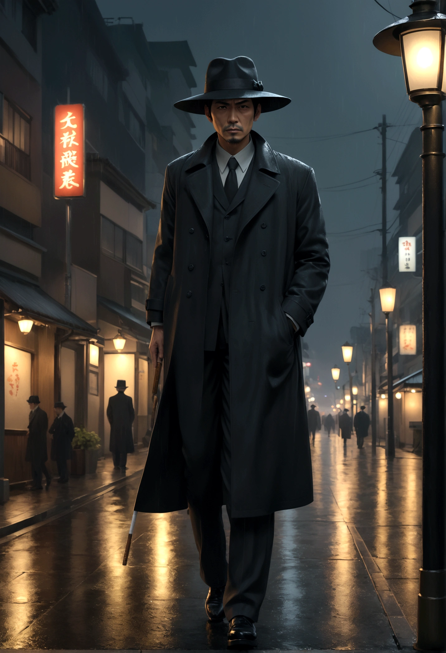 a yakuza member in a black trench coat, black felt wide rim hat, holding a lit cigarette, grim dark expression, walking on the sidewalk on a dreary tokyo night, light rain, street lamps, 4k, 8k, highres, masterpiece, realistic, photorealistic, photo-realistic, HDR, UHD, studio lighting, ultra-fine painting, sharp focus, physically-based rendering, extreme detail description, professional, vivid colors, bokeh, chiaroscuro, moody, atmospheric, cinematic, dramatic lighting