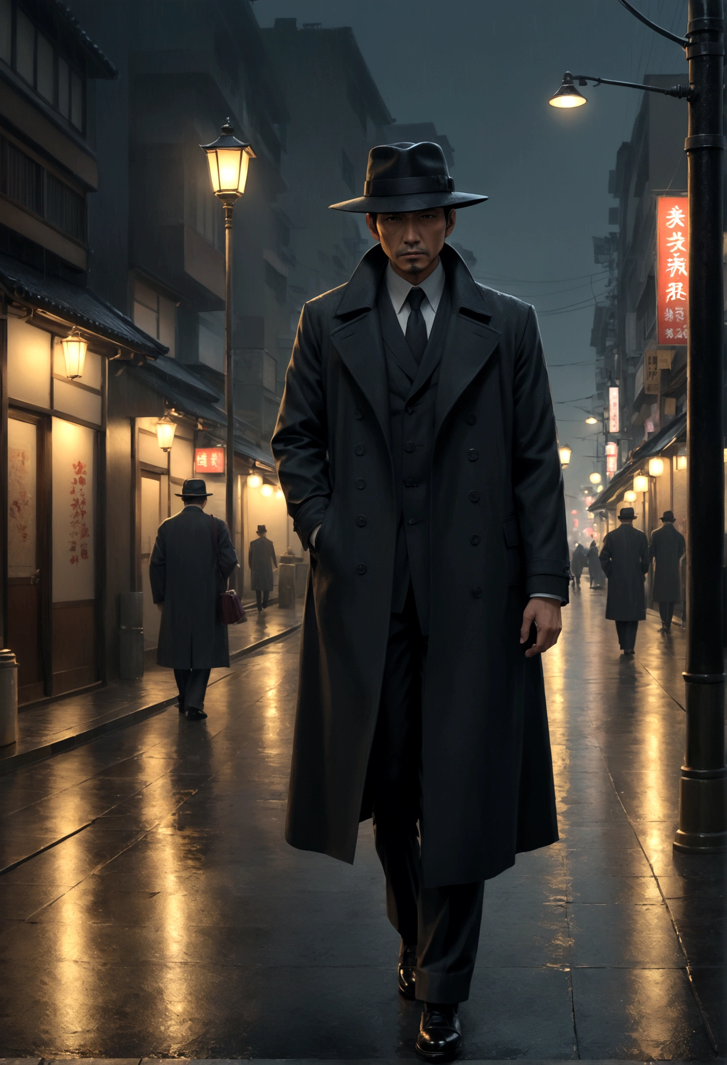 a yakuza member in a black trench coat, black felt wide rim hat, holding a lit cigarette, grim dark expression, walking on the sidewalk on a dreary tokyo night, light rain, street lamps, 4k, 8k, highres, masterpiece, realistic, photorealistic, photo-realistic, HDR, UHD, studio lighting, ultra-fine painting, sharp focus, physically-based rendering, extreme detail description, professional, vivid colors, bokeh, chiaroscuro, moody, atmospheric, cinematic, dramatic lighting
