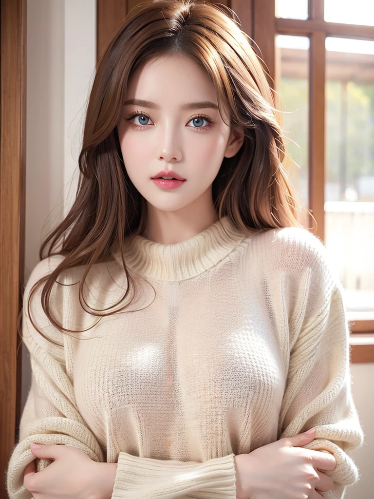 (masterpiece, Highest quality:1.2),alone,The eyes are exquisite and delicate,Exquisite hair color,( Wear a sexy sweater:1.2),Pastel Tones,Pink Lips,blue eyes,Big Breasts