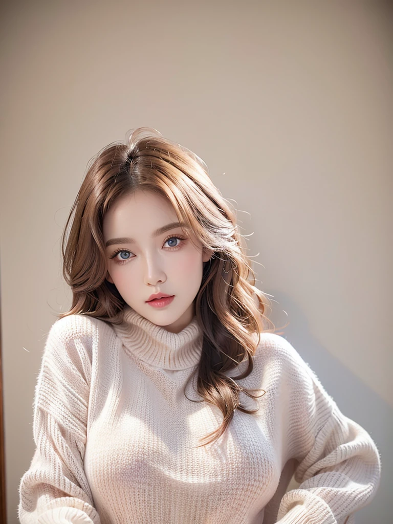 (masterpiece, Highest quality:1.2),alone,The eyes are exquisite and delicate,Exquisite hair color,( Wear a sexy sweater:1.2),Pastel Tones,Pink Lips,blue eyes,Big Breasts
