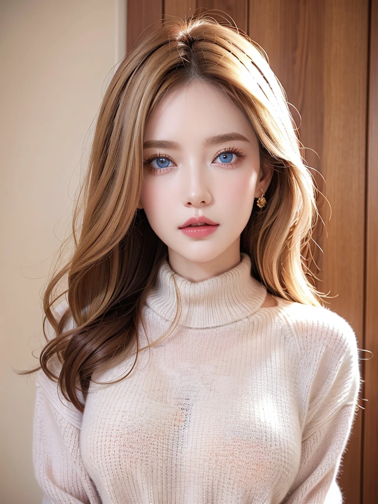 (masterpiece, Highest quality:1.2),alone,The eyes are exquisite and delicate,Exquisite hair color,( Wear a sexy sweater:1.2),Pastel Tones,Pink Lips,blue eyes,Big Breasts