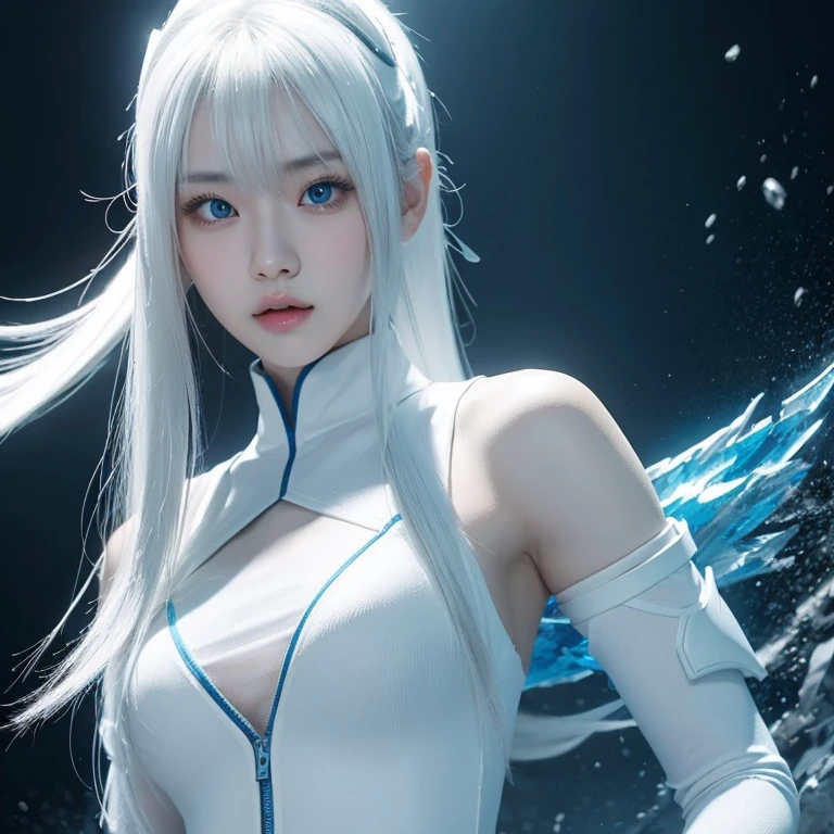 Korean girl, white long hair with bangs, icy blue eyes, white skin, white skimpy ninja suit, video game style, mortal kombat style