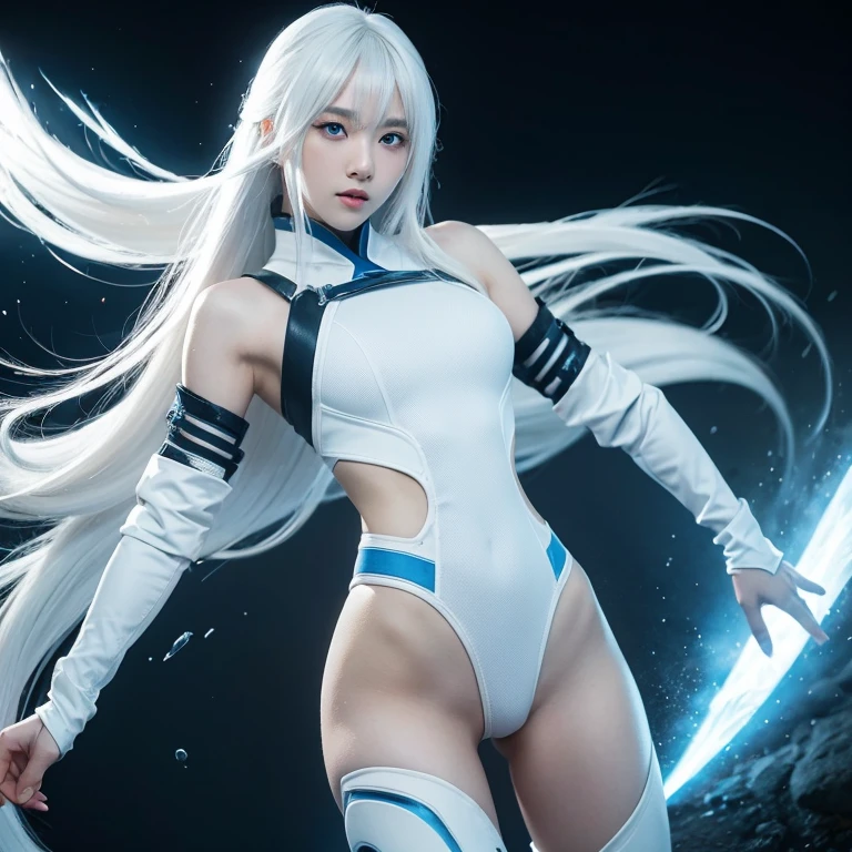 Korean girl, white long hair with bangs, icy blue eyes, white skin, white skimpy ninja suit, video game style, mortal kombat style