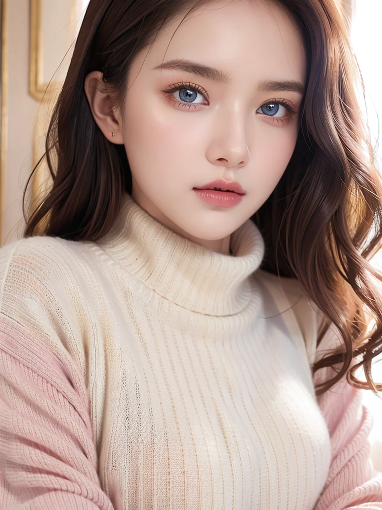 (masterpiece, Highest quality:1.2),alone,The eyes are exquisite and delicate,Exquisite hair color，( Wear a sexy sweater:1.2)，Pastel Tones，Pink Lips,blue eyes,Big Breasts