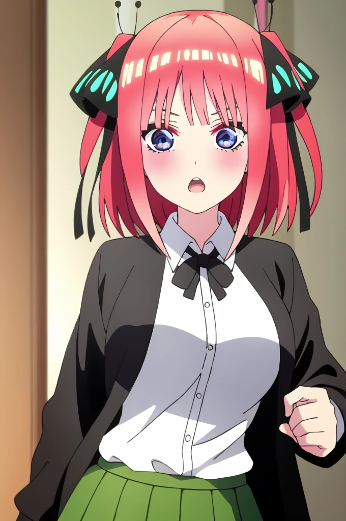 ((best quality)),((highly detailed)),masterpiece,absurdres,detailed face,beautiful face,(detailed eyes, deep eyes),1girl,((dynamic pose)) ,  Nino, pink hair, blue eyes, butterfly hair ornament, black ribbon, skirt, hair ornament, shirt, bangs, ribbon, green skirt, white shirt, black cardigan, cardigan, open clothes, open cardigan, blunt bangs, hair ribbon, , holding, breasts, pleated skirt, open mouth, v-shaped eyebrows, short hair, twintails, collared shirt, indoors, medium hair, blush, solo, eyebrows hidden by hair, long sleeves, :o, two side up, large breasts, dress shirt, shiny hair, standing, shiny, looking at viewer, medium breasts