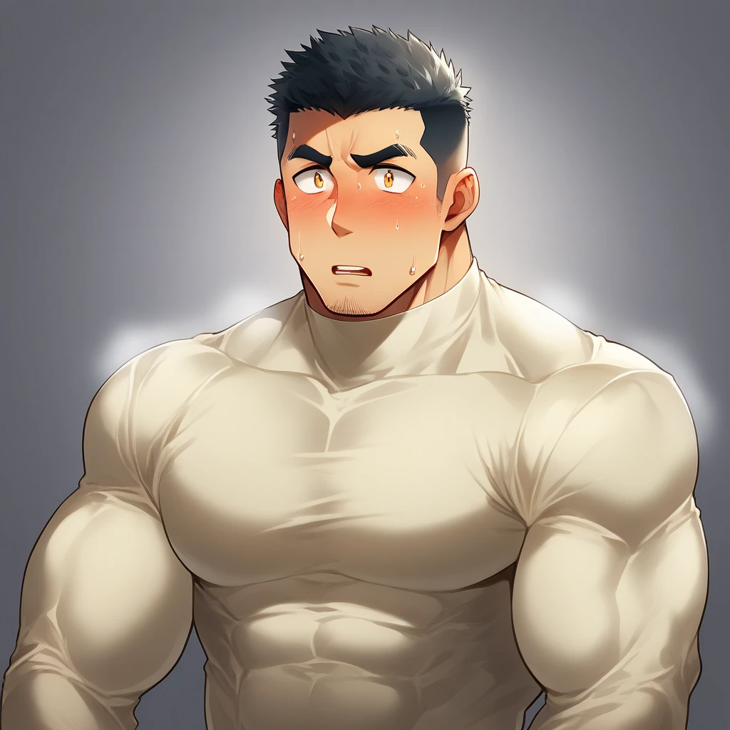 anime characters:Tights superhero, Muscle superhero, 1 muscular tough guy, Manliness, male focus, Light yellow high collar long sleeve tight T-shirt, Very tight, The clothes were soaked with sweat, The pectoral muscles are oversized, Slightly transparent, muscular male, muscular, only, Upper body, alone, Black short hair, Thick eyebrows, stubble, Yellow eyes, Grey background, simple background, amazing quality, best aesthetics, Ridiculous, bright pupils, crew cut, parted lips, shy, blush, moaning, saliva trail, drop shadow, best quality