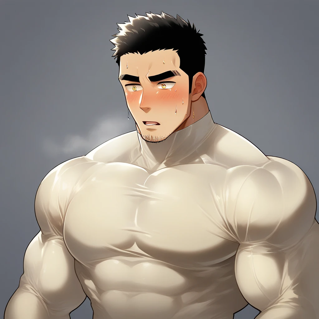 anime characters:Tights superhero, Muscle superhero, 1 muscular tough guy, Manliness, male focus, Light yellow high collar long sleeve tight T-shirt, Very tight, The clothes were soaked with sweat, The pectoral muscles are oversized, Slightly transparent, muscular male, muscular, only, Upper body, alone, Black short hair, Thick eyebrows, stubble, Yellow eyes, Grey background, simple background, amazing quality, best aesthetics, Ridiculous, bright pupils, crew cut, parted lips, shy, blush, moaning, saliva trail, drop shadow, best quality