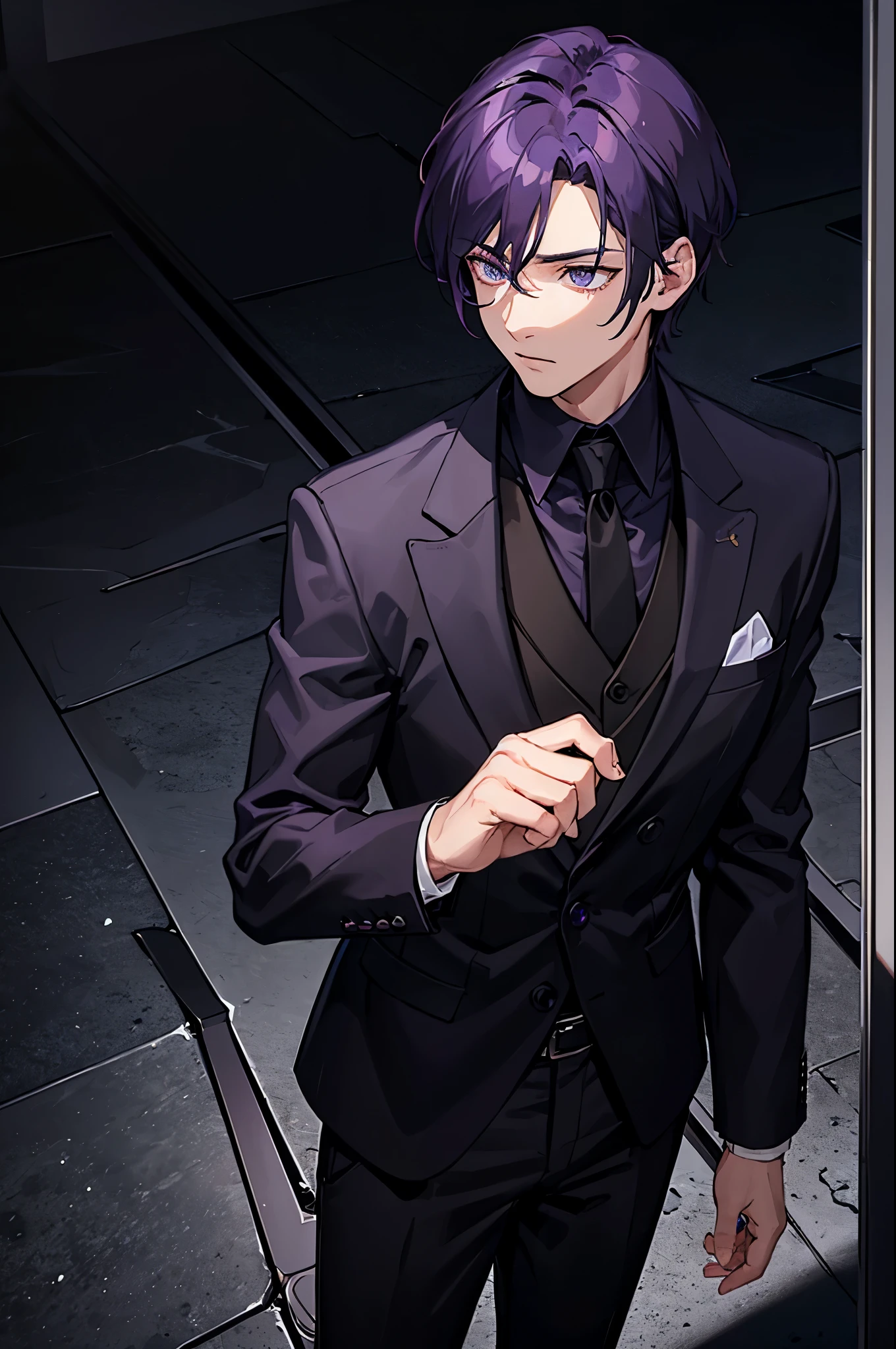 1man, dark purple hair, dark purple eyes, black suit, standing on ground, high res, ultra sharp, 8K, masterpiece