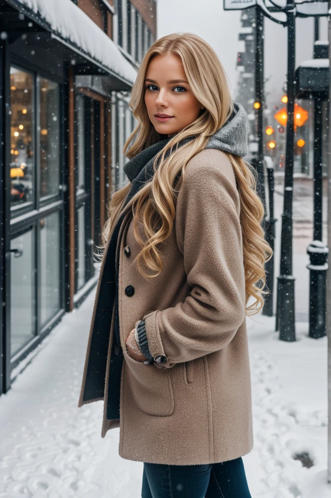 professional portrait photograph of a gorgeous Norwegian girl in winter clothing with long wavy blonde hair, sultry flirty look, gorgeous symmetrical face, cute natural makeup, wearing elegant warm winter fashion clothing, ((standing outside in snowy city street)), stunning modern urban environment, ultra realistic, concept art, elegant, highly detailed, intricate, sharp focus, depth of field, f/1. 8, 85mm, medium shot, mid shot, (((professionally color graded))), bright soft diffused light, (volumetric fog), trending on instagram, hdr 4k, 8k