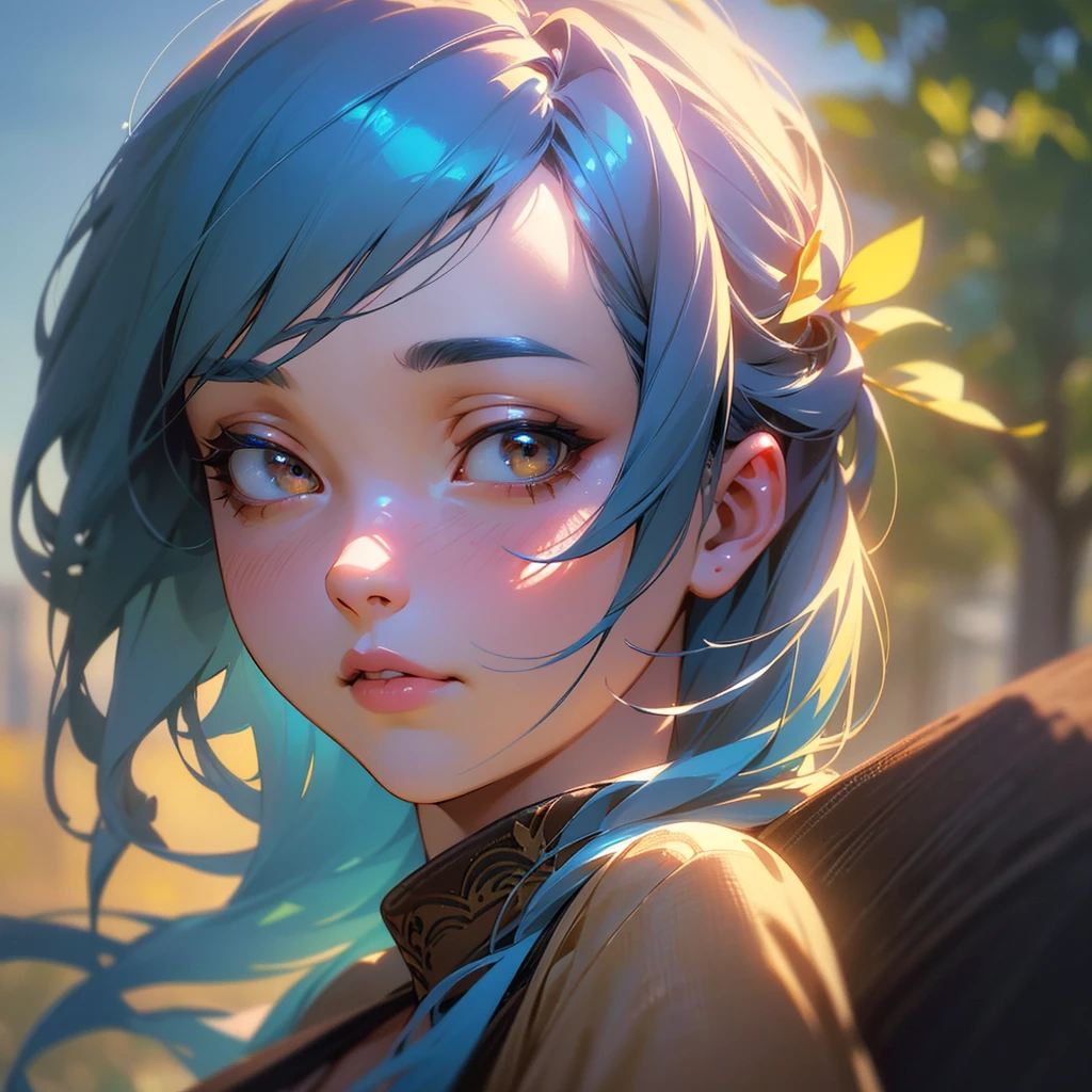 1 girl, beautiful detailed eyes, beautiful detailed lips, blue hair, brown eyes, casual clothes, outdoors, peaceful expression, soft lighting, vibrant colors, (best quality,4k,8k,highres,masterpiece:1.2),ultra-detailed,(realistic,photorealistic,photo-realistic:1.37),intricate details, cinematic lighting, award winning, concept art, dramatic lighting