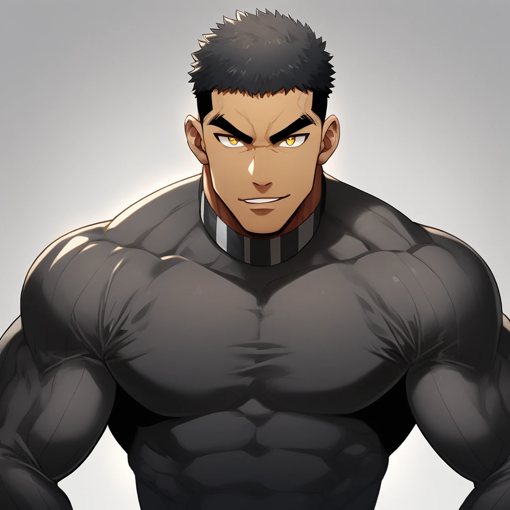 anime characters：Tights superhero, Muscle superhero, negro black skin, 1 dark skin muscular tough guy, Manliness, male focus, Yellow and black striped high collar long sleeve tight T-shirt, Slightly transparent material, Very tight, Round, full and perky chest muscles, Slightly transparent, muscular male, muscular, only, Upper body, alone, Black short hair, Thick eyebrows, stubble, Yellow eyes, Grey background, simple background, amazing quality, best aesthetics, Ridiculous, bright pupils, crew cut, parted lips, seductive smile, torogao, naughty face, drop shadow, best quality